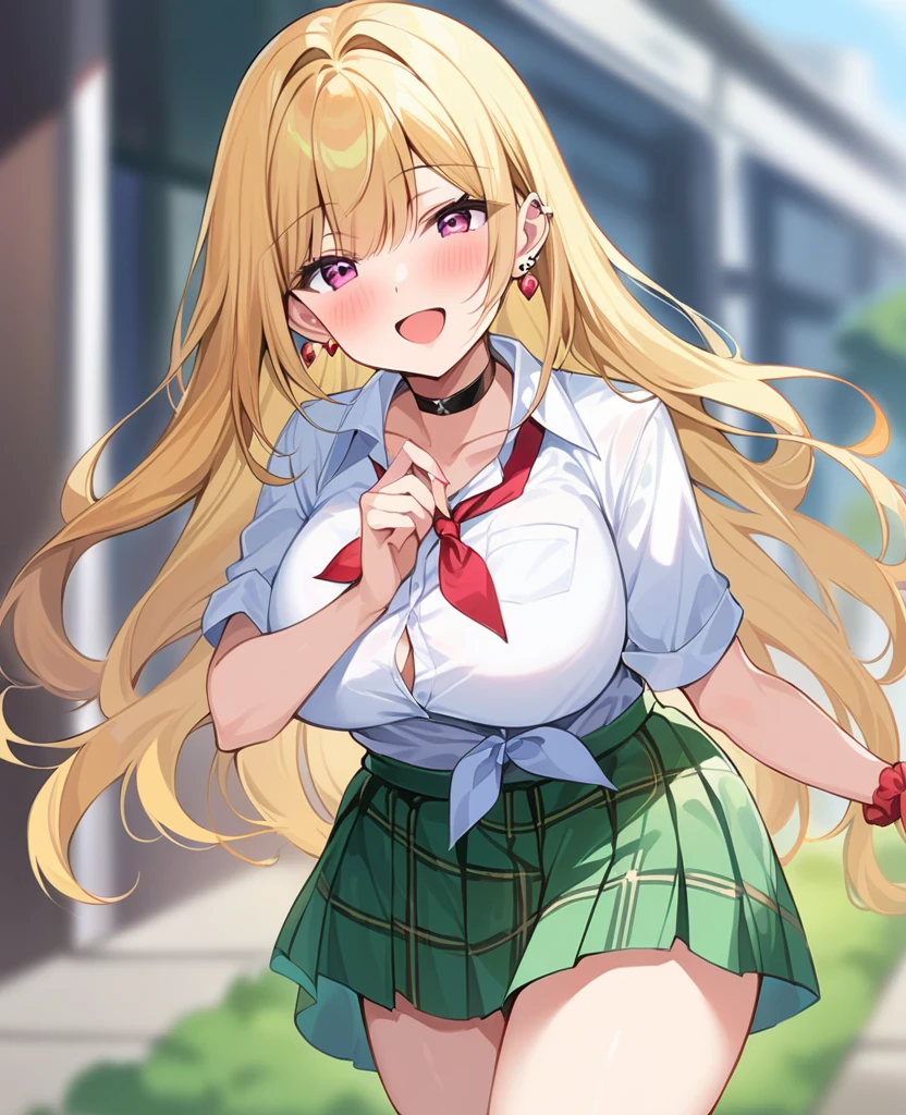 1girl, solo, long hair, breasts, looking at viewer, blush, smile, open mouth, skirt, blonde hair, large breasts, simple background, shirt, white background, bow, school uniform, green eyes, white shirt, short sleeves, :d, pleated skirt, glasses, socks, miniskirt, plaid, kneehighs, red skirt, plaid skirt, hair intakes, sweater vest, claw pose