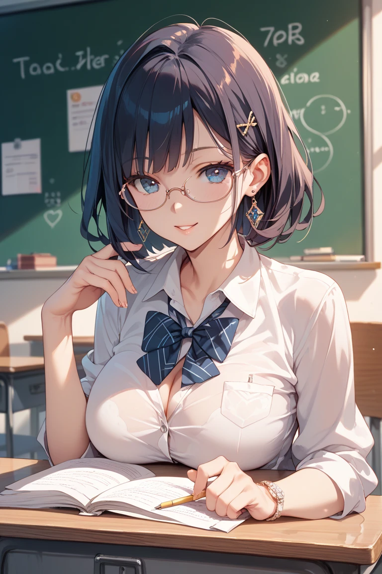 Perfect product、alone、Beauty、very cute、Black Hair, Short Bob Hair、Brown eyes , White hair band、Large Breasts、Silver frame glasses、(shame:1.5)、Grey jacket、White blouse、headphone、Blue pleated skirt、Blue star piercing、necklace、Cowboy Shot、Best Angle、(The background is the classroom:1.3)、During class、Excessive sweating all over the body、Masterpiece、Professional illustrations、Professional work、Professional Lighting、Detailed face、Detailed eyes。(nsfw:1.5)、I'm about to pee、screen