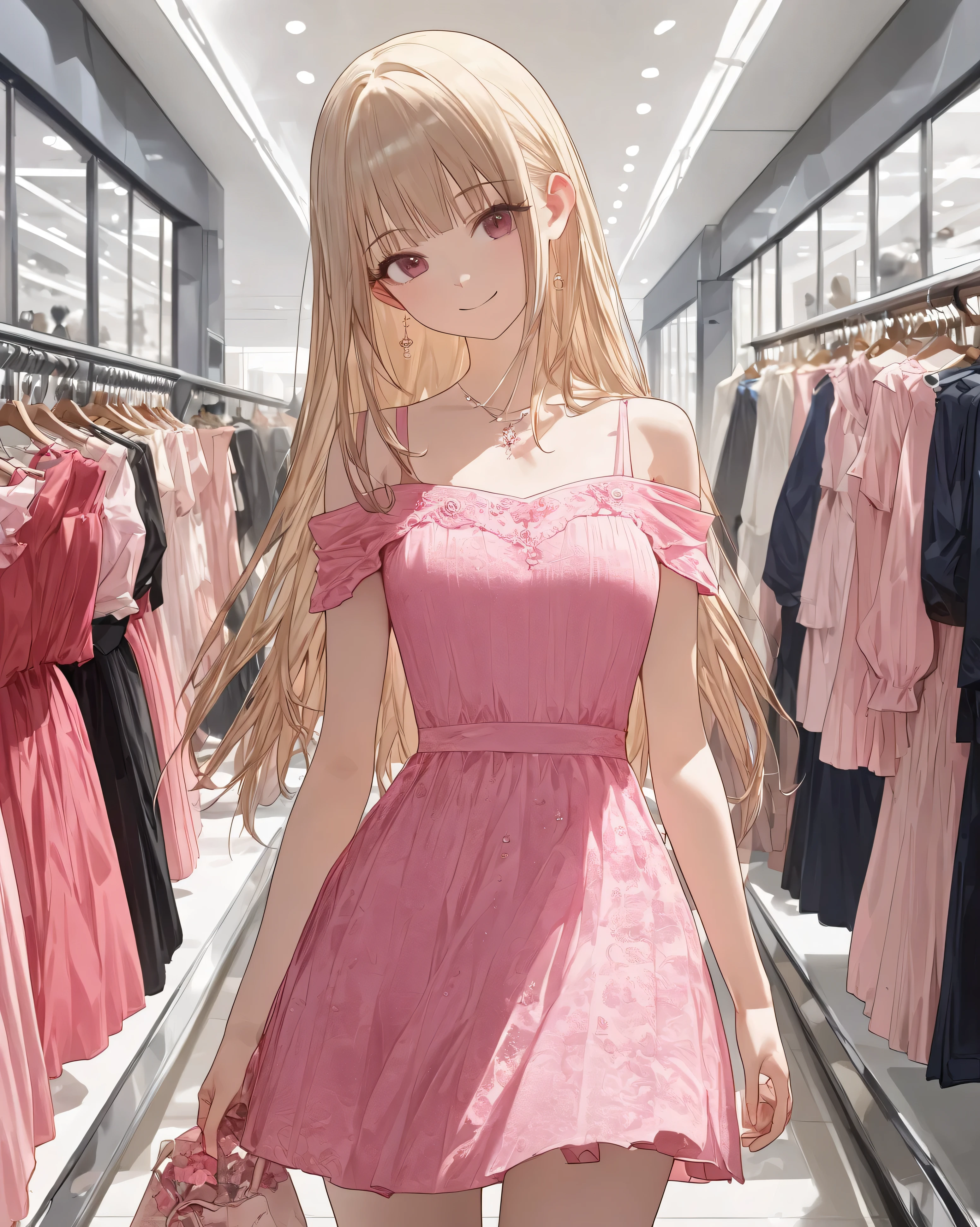 (pale tone)、Girl choosing clothes in boutiques、((Inside the fashion building:1.3))、High-end store、Brand Store、masterpiece, anatomically correct, accurate, has won many awards, highest quality, Details, High details, (((pink spring dress)))、(masterpiece, top quality, very beautiful、complicated、4K、 illustration ),(cowboy shot)、(Smile lightly),(cute)、(charming)、(Ethereal and beautiful),(head tilt),( slim),precise details, girl,alone,(Radiant and gentle girl)、beige long hair 、high resolution, quality, very detailed, ultra high definition, textured skin, , high definition model,