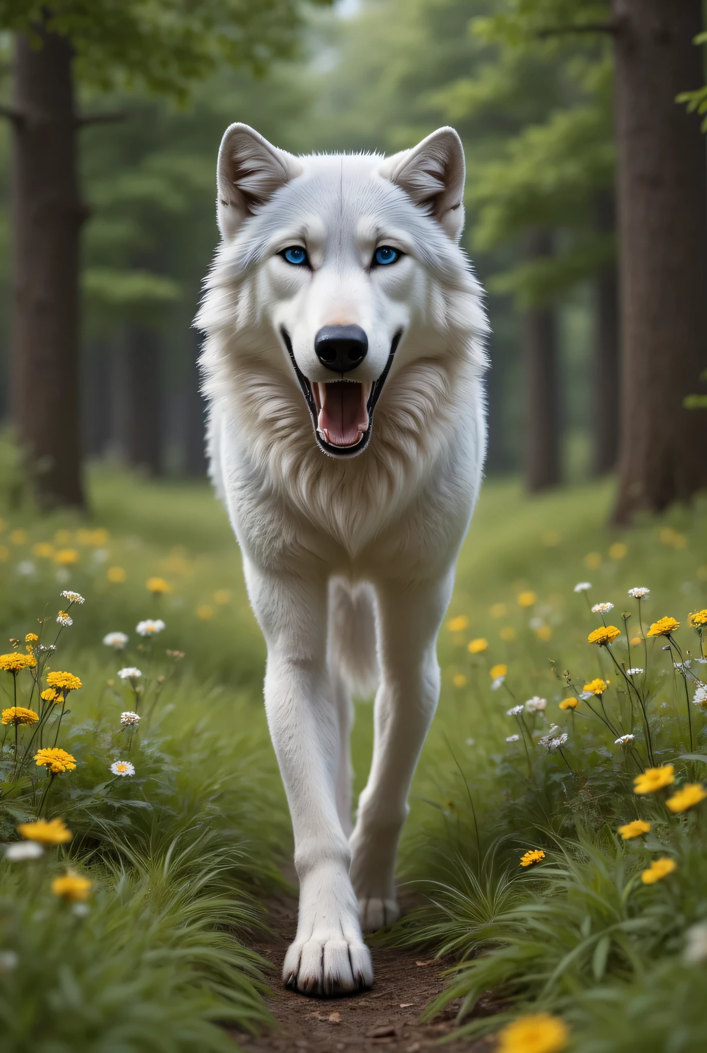 (masterpiece), best quality, 1wolf, realistic, highly detailed, shallow depth of field, sharp focus, hyperrealism, cinematic lighting, photorealistic style, 8k solution, a large grey is walking down a forest path, forest floor covered with green grass and wild flowers, eye hight view,