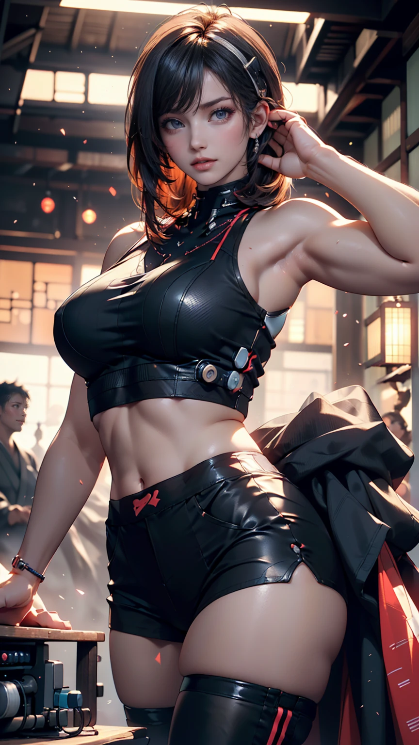 woman,Lina, short hair, Flying over the city, fire, Red glow、Sexy proportions、Sexy、Narrow waist