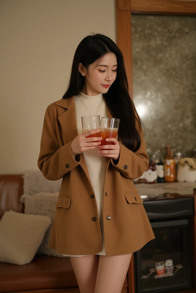 blonde woman sitting on a black sofa holding a glass of wine, luxury suit, Park Roseanne de Blackpink, girl in suit, girl in suit, wearing fashion suit, wearing a worn brown suit, jia, tan suit, trench coat and suit, sitting at a mocha table, heonhwa choe, ellie bamber, shaxi, amber
