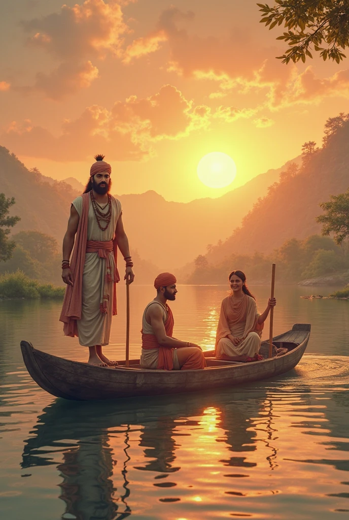  maratha empire chatrapaji  Raja shivaji Maharaj sit in fram near this blue colour river, farmer couple arrenge to meal for Maharaj also cow and it's beby sitting near .