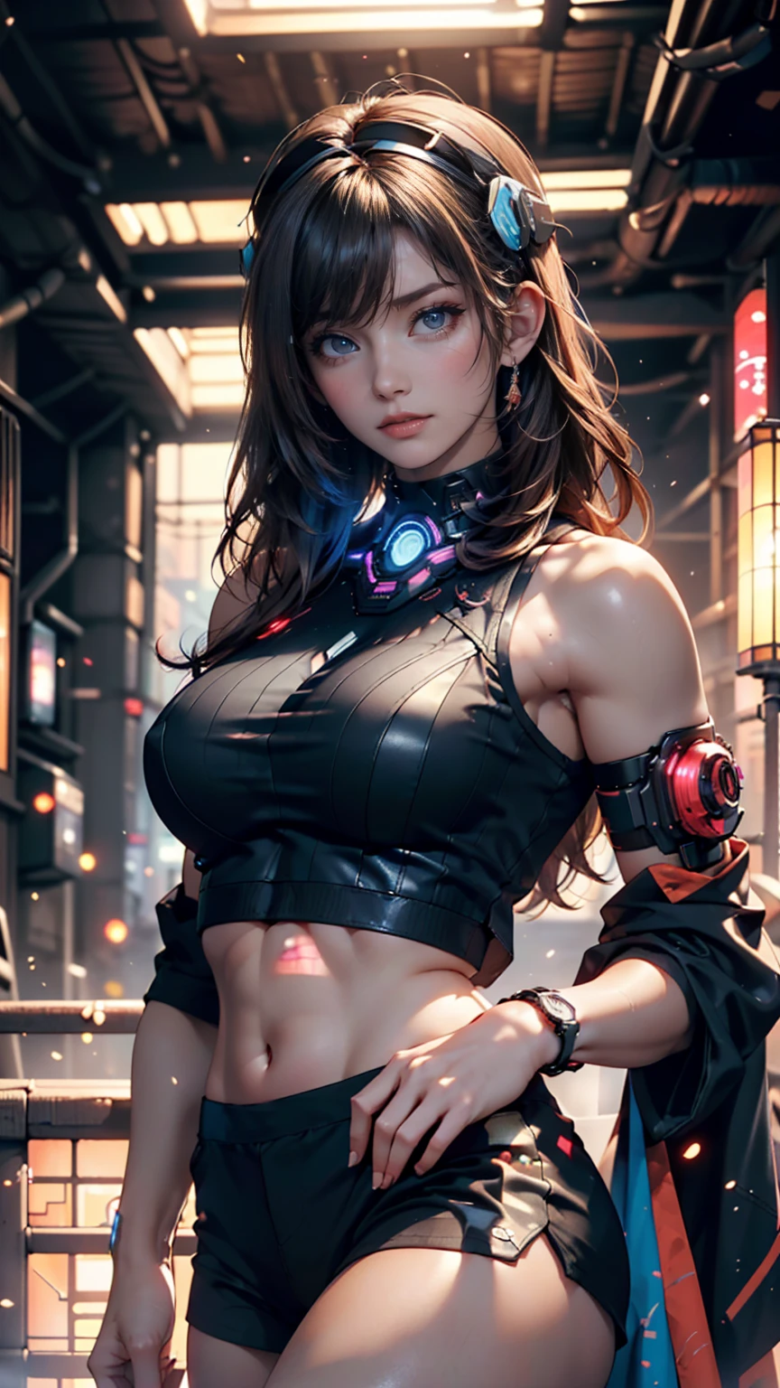 beautiful cyberpunk girl wearing a Futuristic head mounted display,  (Detailed skin), Pale skin, (in a deep neckline highly detailed sexy Futuristic cyberpunk black crop top and underpants made of circuit boards, cybernetics, Japanese words with flare effect, A beautiful epic composition, Futuristic, masterpiece, Sensual, Charm, Pose for a photo