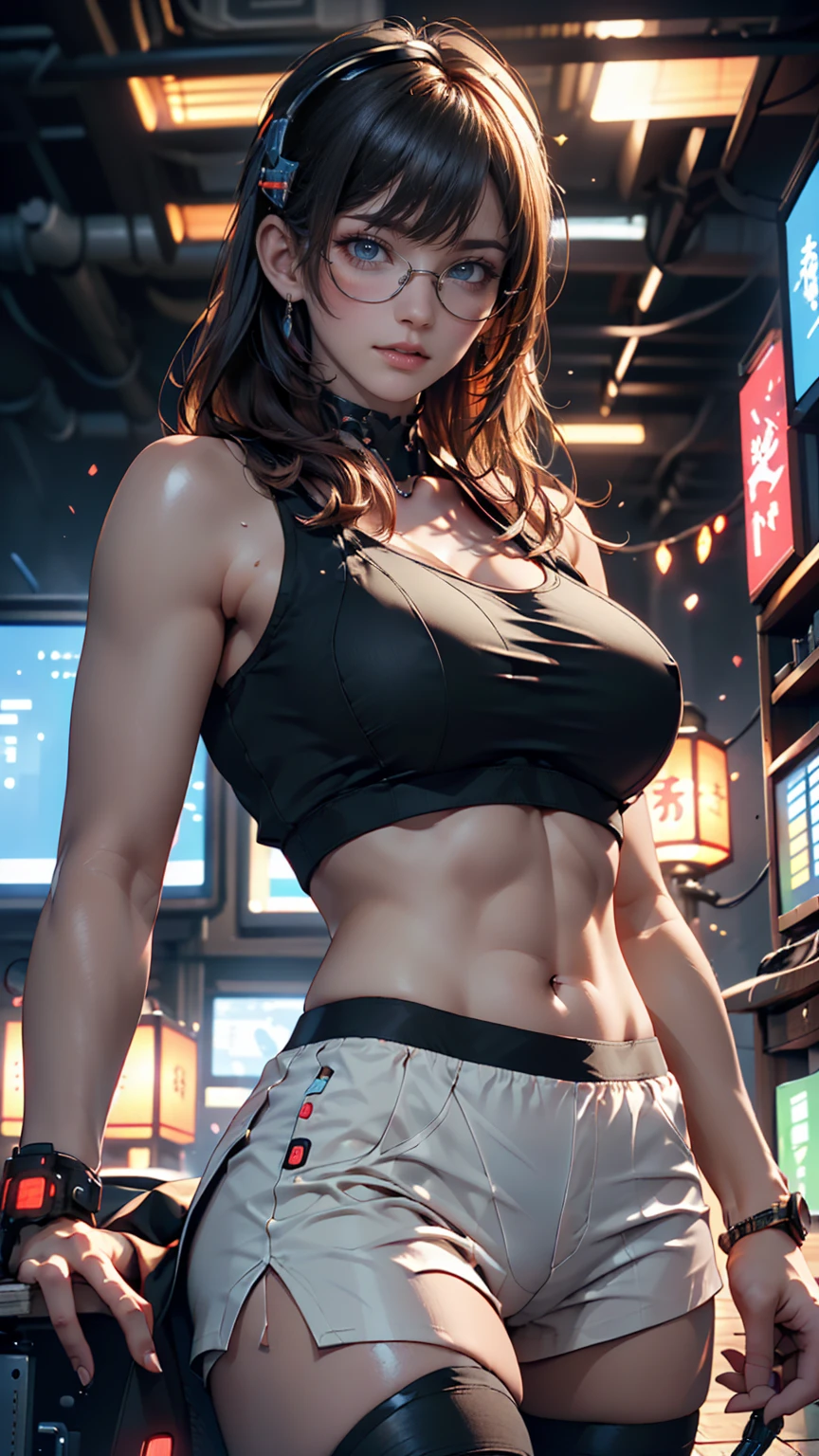 beautiful cyberpunk girl wearing a Futuristic head mounted display, (Detailed skin), Pale skin, (in a deep neckline highly detailed sexy Futuristic cyberpunk black crop top and underpants made of circuit boards, cybernetics, Japanese words with flare effect, A beautiful epic composition, Futuristic, masterpiece, Sensual, Charm, Pose for a photo