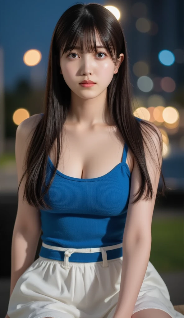 a 19 year old girl, she is the most beautiful actress in the world, the perfect body proportions of this girl in formal clothes, clothed large breasts, clothed upper body, her crotch area of the panties are hardly hidden by short skirt, her bare legs, it's seen just front of her body, it from just above her head to just below her shins are within one frame, she is standing at the city street, detailed face, nsfw, best quality, highly detailed, masterpiece, ultra high res, photo realistic, 8k, RAW photo