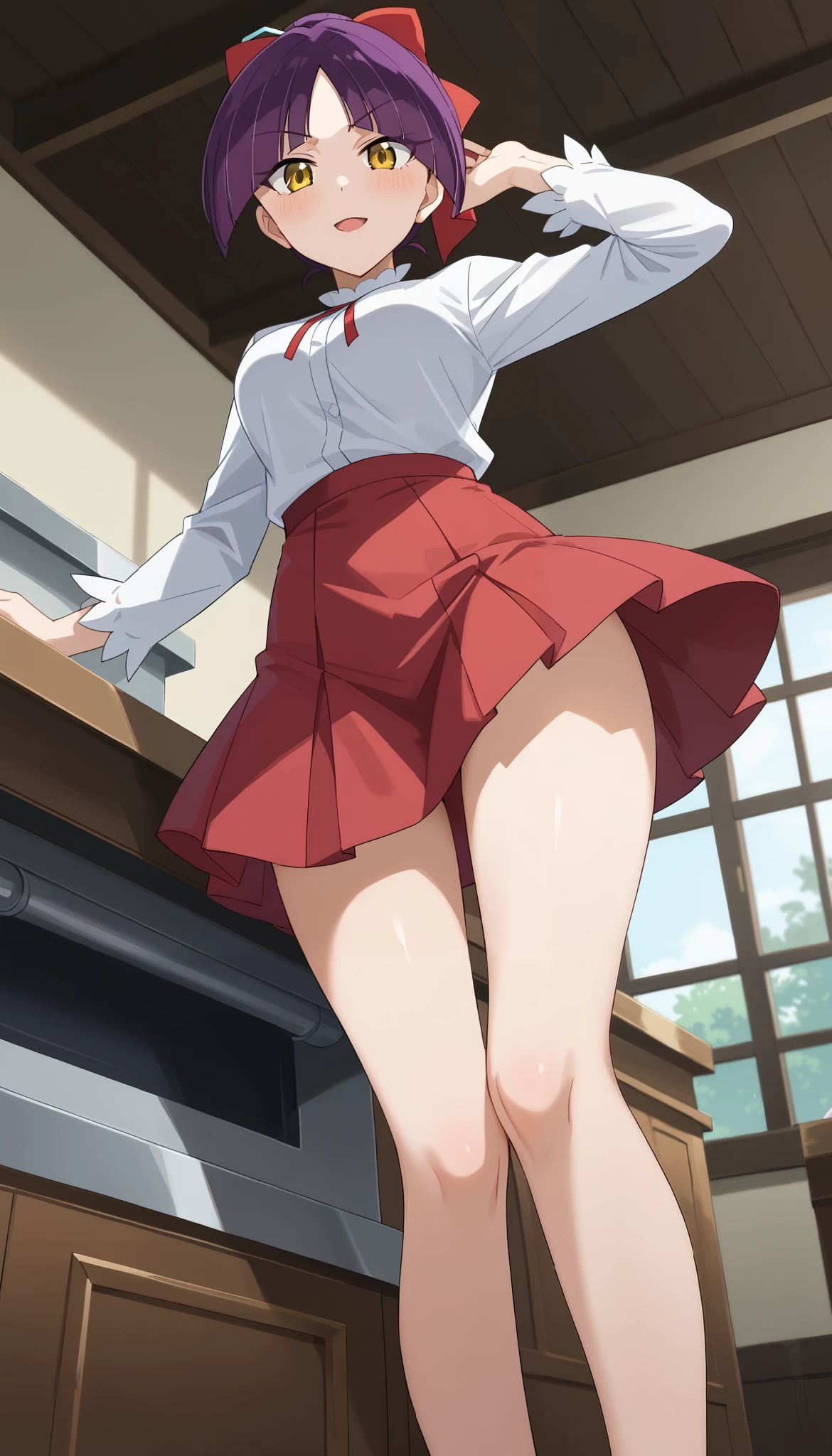 (((nekomusume [6th] (Gegege no Kitaro) ))),Big Eyes、((Back angle))、((low angle))、(interior)、 orbital space、yellow eyes、Ulchan-6500-v1.1, ( RAW photos :1.2), beautiful detailed, very detailedな目 美しい目, beautiful eyes、 file size is large, high resolution, very detailed, best quality, [masterpiece:1.6], Awareness-raising, very detailed, CG, finely, best quality, 8K wallpaper, perfect figure,【sexual excitement:1.6】、dynamic、very detailed、 purple hair 、red skirt、Slim and beautiful thighs