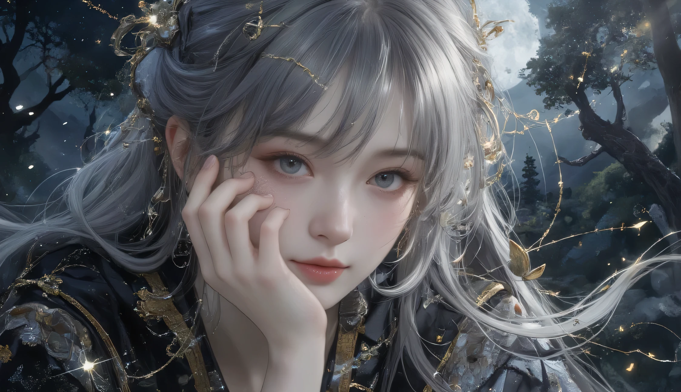 Get ready to immerse yourself in the enchanting world of Renaissance Slavic portraits , visible brushstrokes 、Bringing life to an impressive depiction of a young woman with silver hair and a constellation-patterned robe 。. while watching the surroundings under the moonlight , play of shadows and light 、It creates enchanting light and dark effects reminiscent of Impressionist masters like Van Gogh 。, Arik Brauer, Georges Mathieu , infused with Arkan Nair's whimsical surrealism . combines traditional oil painting techniques with cutting-edge digital airbrushing technology , this semi-abstract work goes beyond conventional categories , } Combines figurative art with exquisitely detailed abstract art . collaged components add depth and appeal , Delicate tonal changes weave a tapestry with intricate patterns and rare beautiful details。. Each square inch is full of vibrant colors and stunning highlights , that make a spiritual impression on the mind . illuminated with impressionistic lighting effects , these sparkling touches are 、 elevates the work to new heights of visual excellence 。. Extraordinary subtlety Witness the creation of timeless masterpieces put in , made to stimulate admiration and curiosity 、 presented in gorgeous high resolution . . realistic, Perspective, Light and Shadow , religious or mythological themes , very detailed, Sketch Art Style , gray kale , monochrome,An illustration of the head to the area around the waist in a frame,A realistic young woman's hand (aged 18-25) with exactly five fingers, anatomically correct, with delicate and slender fingers, smooth skin texture, and soft lighting. The hand is well-proportioned, feminine, and naturally posed, either holding an object or resting. The fingers are properly aligned without merging or unnatural overlaps. The nails are well-groomed and natural-looking, with a slightly pinkish hue. The skin tone is fair and warm, with subtle shading to emphasize realism