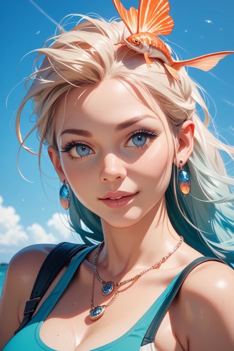 sonya, blonde hair, ponytail, earrings, headband, sports bra,  looking at viewer, smiling, portrait, outside, blue sky, extreme detail, masterpiece,  <lora:sonya:.8>