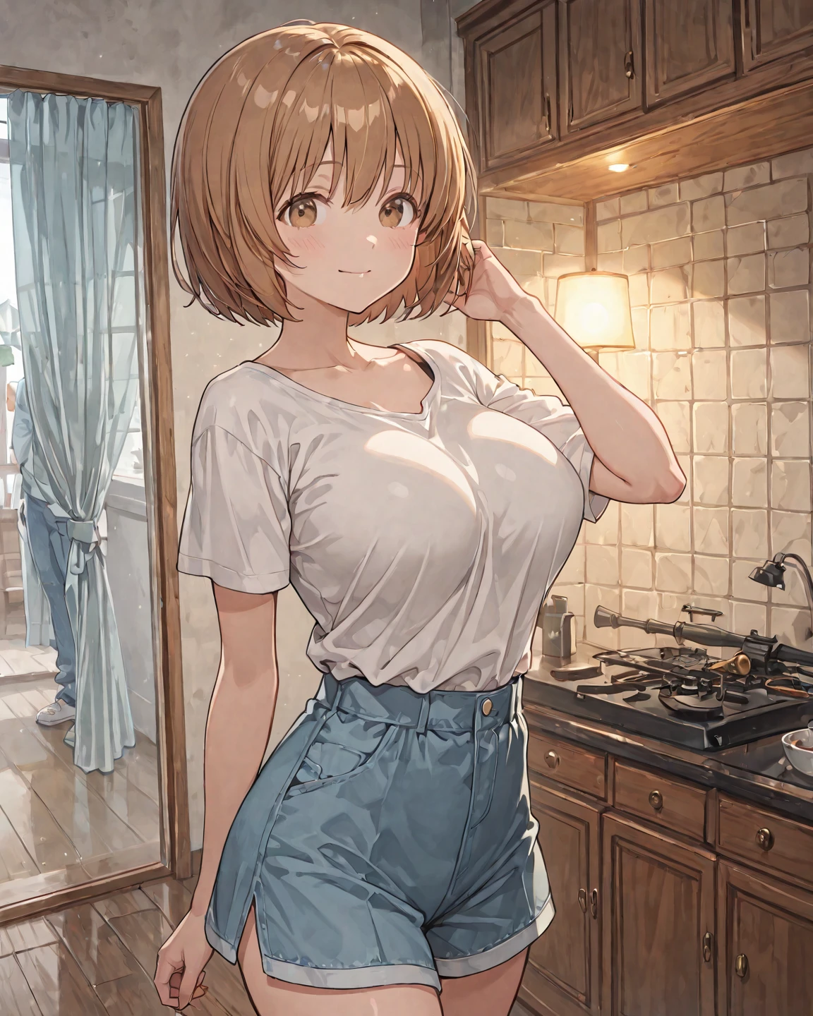 masterpiece， The best quality at the best.， 1 girl， mito ikumi ， big breasts，Off the shoulder clothing，Sexy servant，Is shy，smile，with blonde hair， long white hair， （blue eyeballs:1.4)， forehead protection， The cherry trees，Flying cherry blossoms，red and white clothes. big tits, bare and muscular abdomen. scantily clad, bare tits. fur. tender, neko kawai cat ears. Ahegao, scantily clad. Wearing a crop top that covers half of her , loose and big but short top, loose top half tits cover. Posing, shy. Sexy perfect female body. underboob, underboob, underboob. fur, fur, fur. Collar de cuero marron robusto de mascota ajustado al cuello. Piel morena bronceada oscura, piel morena bronceada oscura. Piel morena bronceada oscura. Cuchillo de cocina en la mano, utencillo de cocina en la mano. Cuchillo de cocina en la mano. Piel oscura, piel morena oscura y bronceada, piel oscura, piel mestiza.