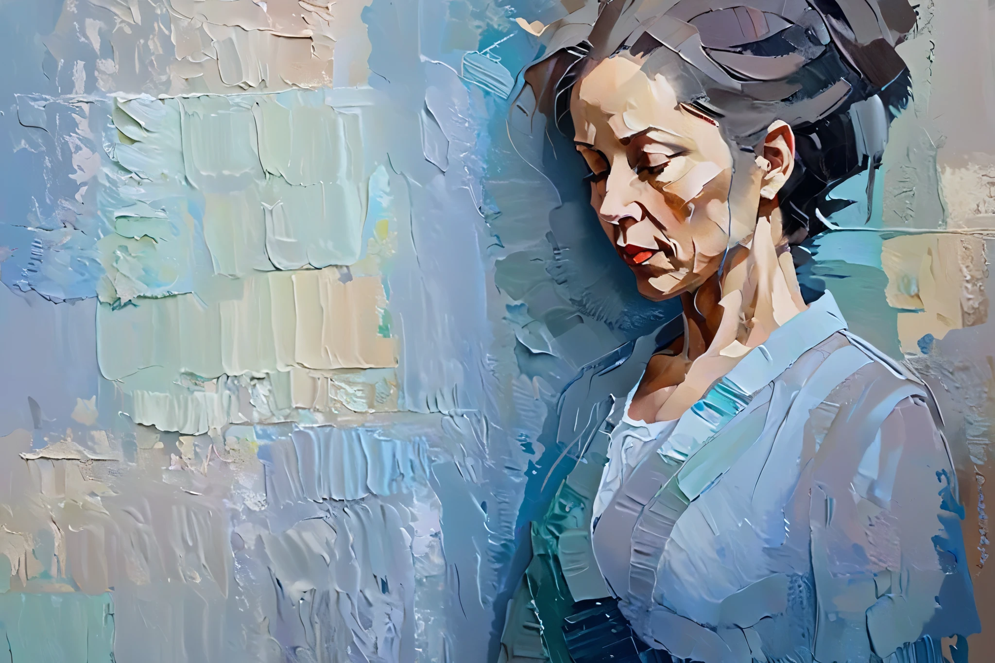 a thick textured oil painting of mother and , impasto brushstrokes, dry brushing, revealing under layers, abstract portrait, moody lighting, dramatic shadows, muted earthy colors, vibrant colors, highly detailed, masterpiece,