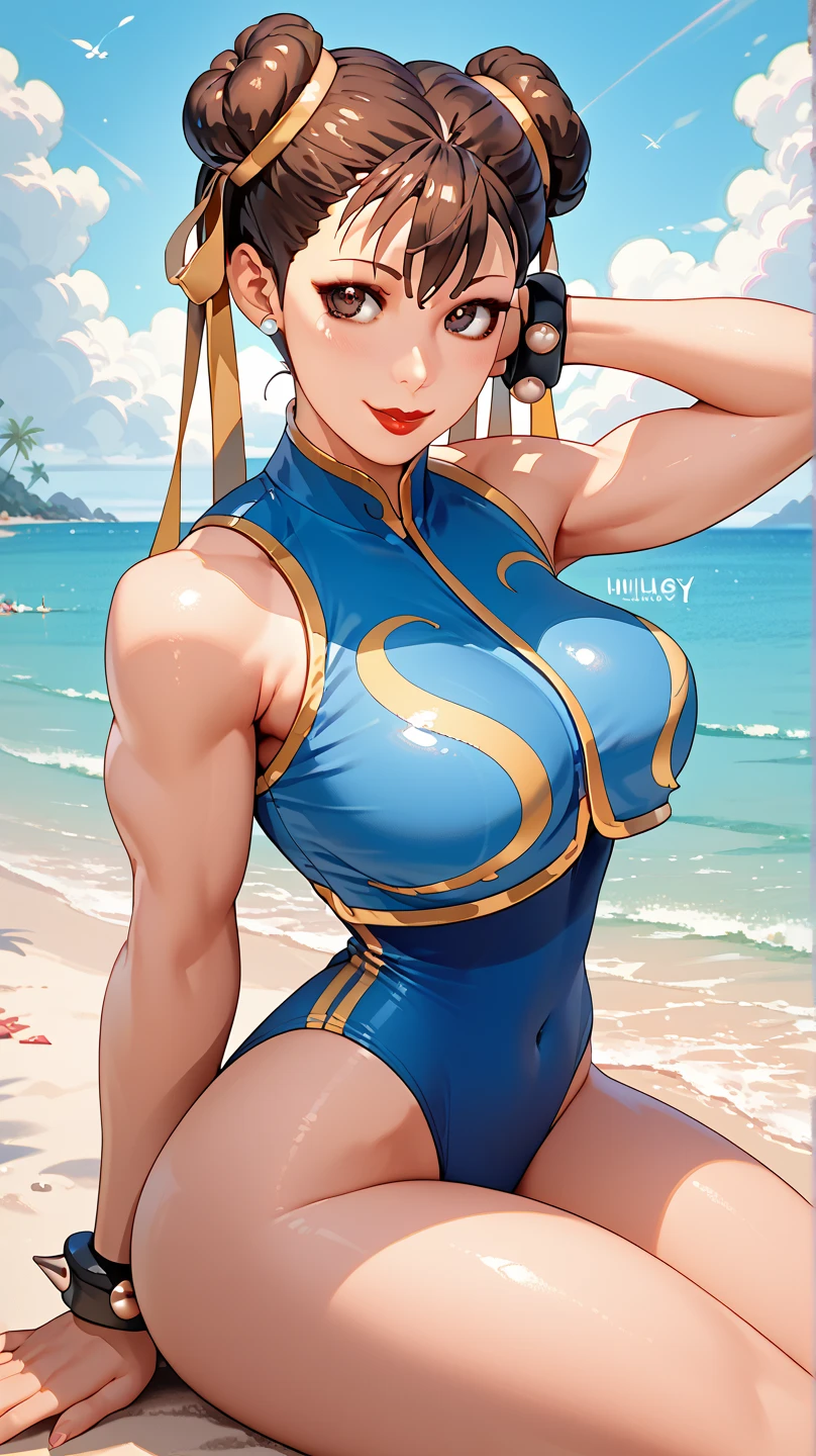 roupa azul,solo, low lighting, chun li masterpiece, best quality, agrias, grey sweater, black leotard, standing, looking at viewer, black hair,angry,smile,sunset,lago, reflexo na agua, por do sol