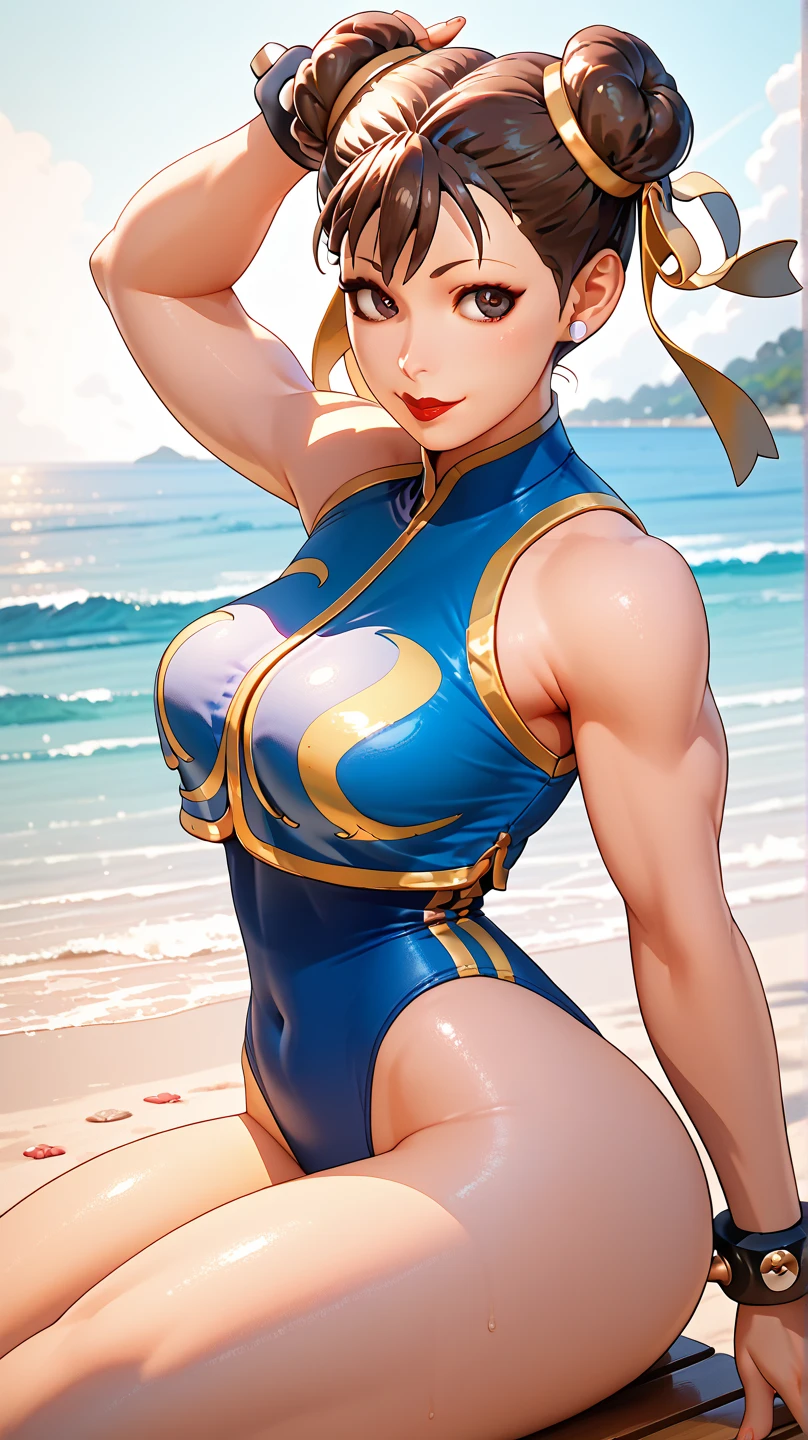Chun-li, ((best quality)), ((masterpiece)), (detailed), perfect face, big ass, thick thighs, small bikini, black hair, thin waist, muscle, mommy