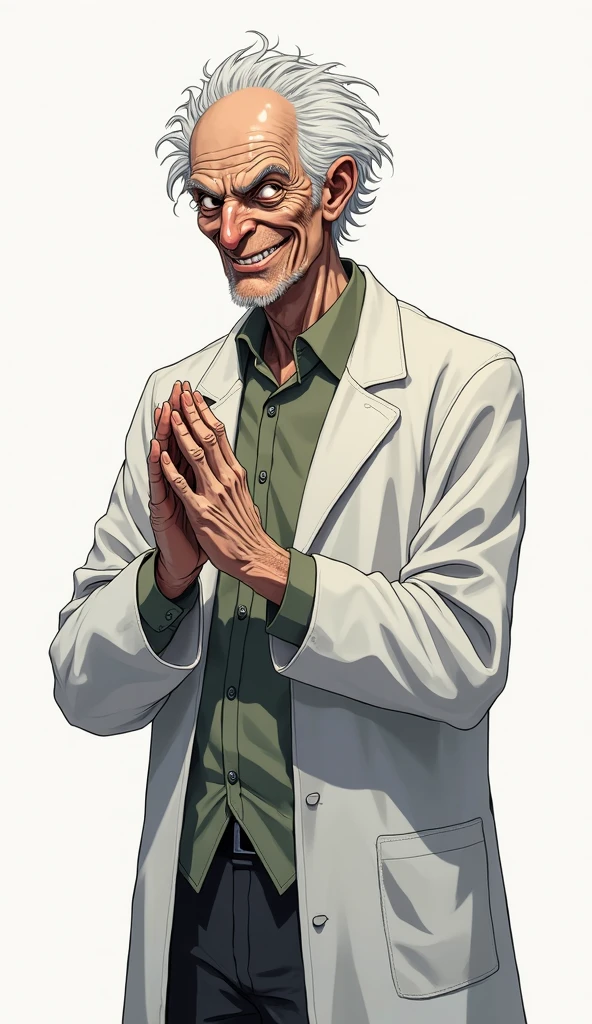 Make a young man, 24 year old white. With a short white beard and white hair with a short ponytail. That he has very veiny hands and is thin. anime style