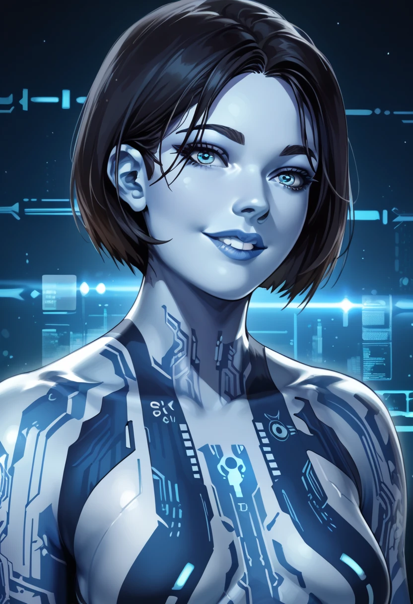 woman,Create a full-body portrait of exotic cortana in a realistic style. The image captures cortana distinct features: his intense gaze, charismatic smile, and expressive eyes. His hair is styled as it was in his most iconic roles, adding to his recognizable appearance. The setting is casual, with cortana posed in a natural, relaxed manner, perhaps leaning against a wall with a cityscape in the background. The lighting is soft, emphasizing the detailed realism of his face and attire,<lora:blue_ar:0.85>,blue