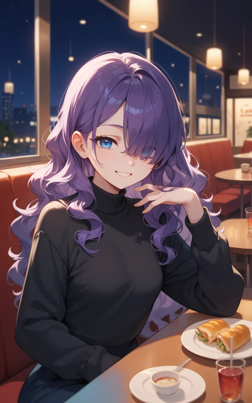 (highest quality:1.2, Very detailed, up to date, Vibrant, Ultra-high resolution, High Contrast, masterpiece:1.2, highest quality, Best aesthetics), Portraiture、girl、25-years-old, Bright colors、Beautiful fine details、Beautiful lip detail、long hair、black and purple ((streaked hair:1.6)), highlights hair: 1.5, brown eyes, ring earrings, ((slim body:1.2)), (small breast:0.7), (dark skin:0.5), beautiful restaurant, enjoy lunch at the table, ((dark color casual dress:1)), Cowboy shot,