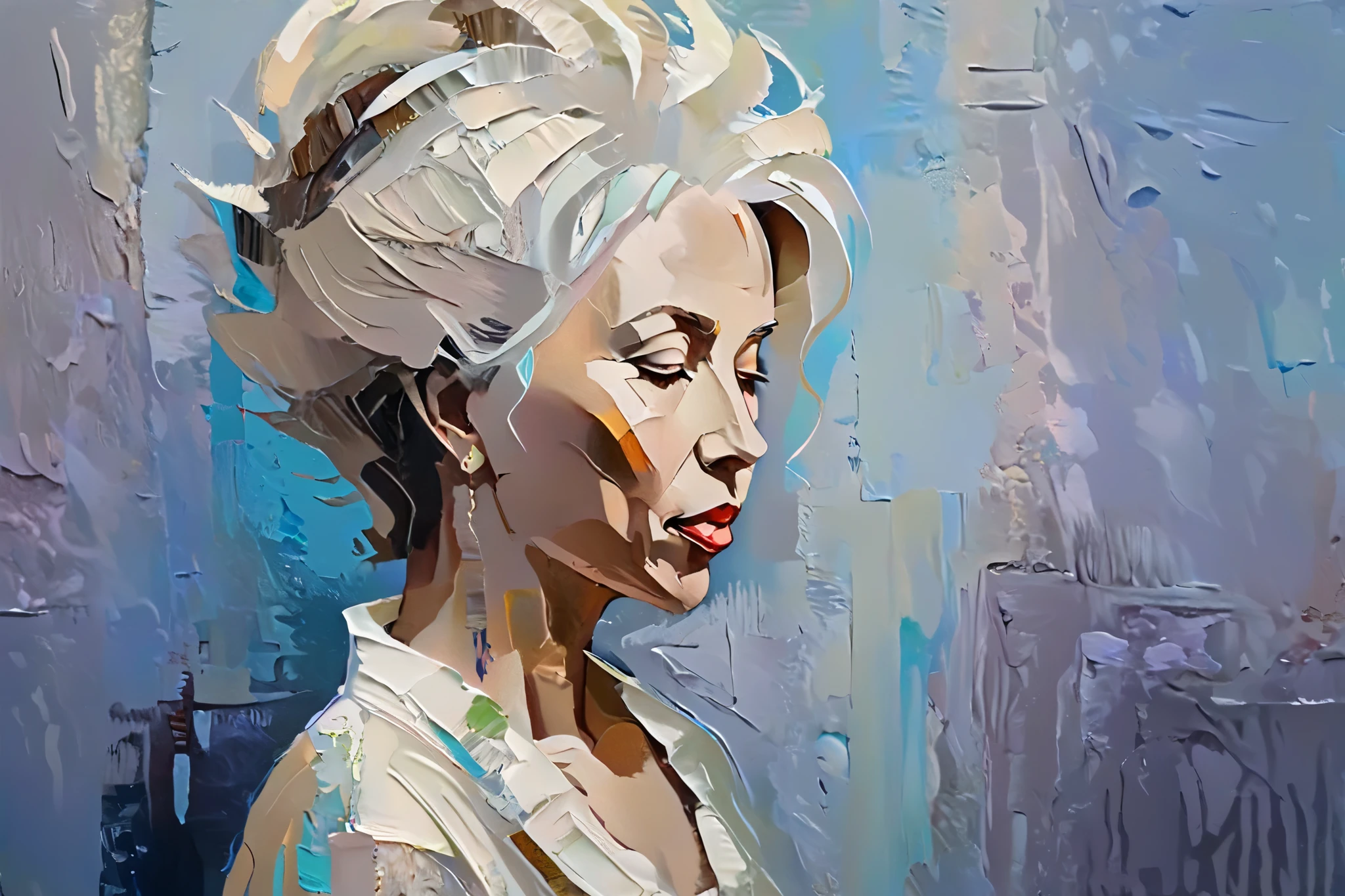 a thick textured oil painting of mother and , impasto brushstrokes, dry brushing, revealing under layers, abstract portrait, moody lighting, dramatic shadows, muted earthy colors, vibrant colors, highly detailed, masterpiece,