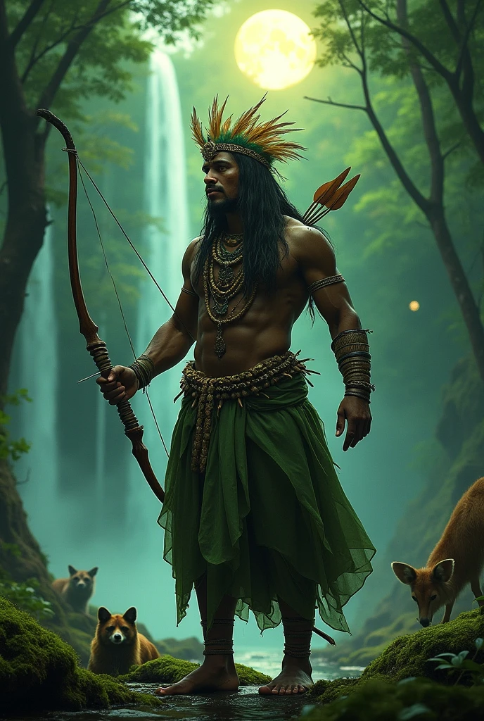 indian, caboclo, green clothes, Hunter, in the woods, naturey, comely, feathers, bow and arrow man.black male, goatee, rastafarian, slang.