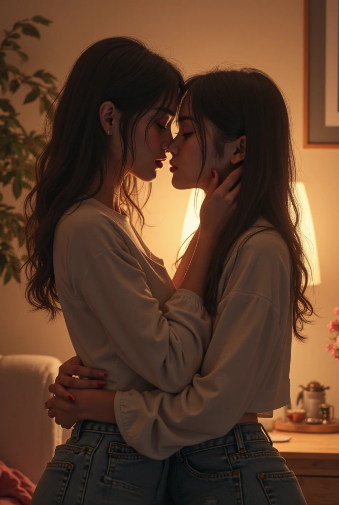 (Best-quality, Masterpiece, Ultra-High-Resolution, (Photorealistic:1.4), Raw Photo, depth of field, professional lighting, perfect anatomy, extremely details), lesbian couple aged 15 and 35, kissing intensely, (((in dark room))), Lips violently touching each other, dim light of lamp illuminating only faces, very romantic mood, both wearing simple pajamas, both have extremely beautiful hair