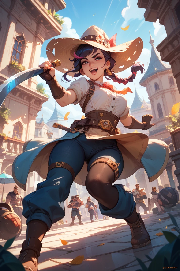 Cinematic scene, hero view, Pirate queen, action pose, sci-fi, detailed background, masterpiece, best quality, high quality, highres, absurdres, pastel colors <lora:pastel_colors_xl_v3:1>