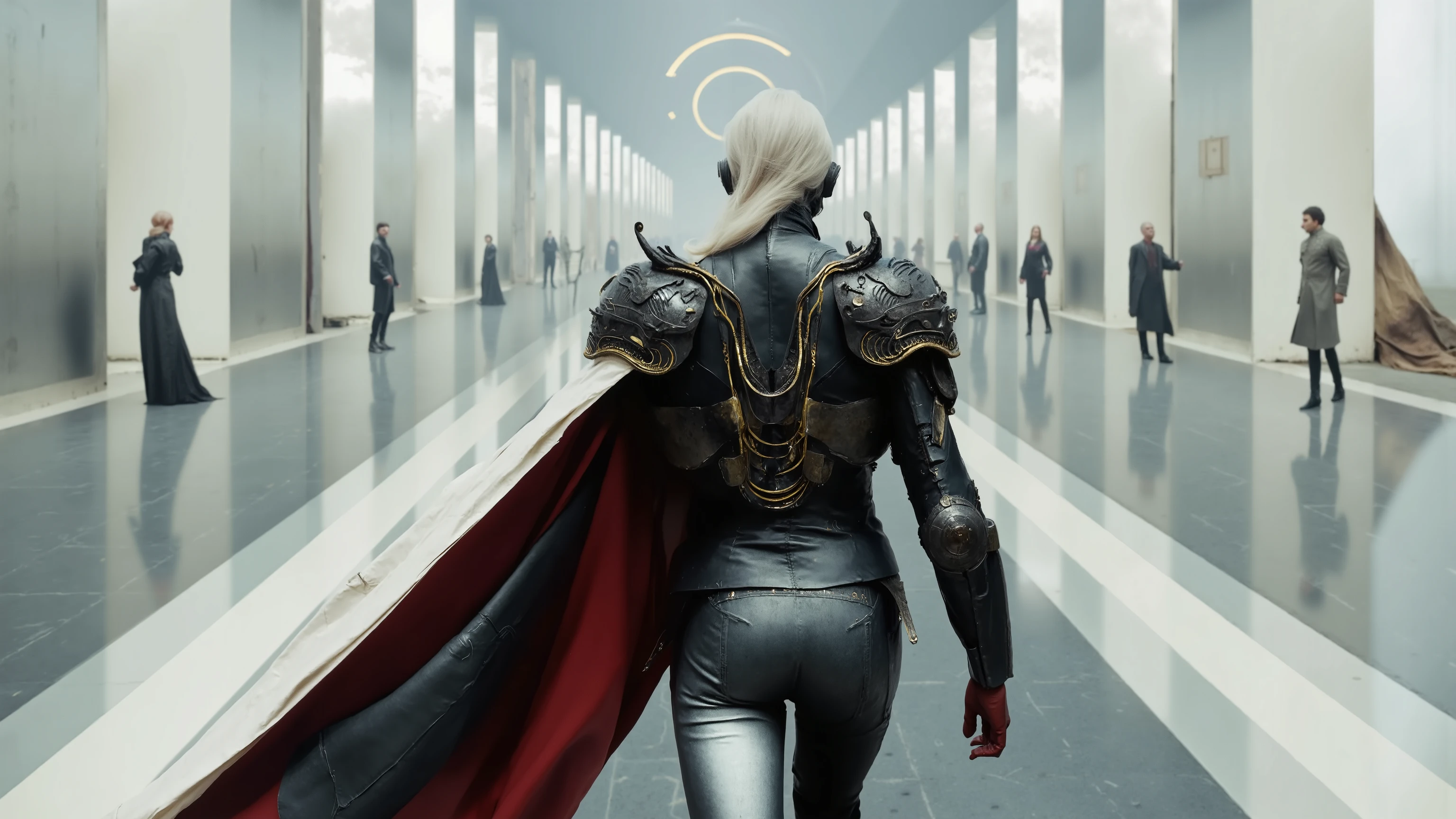 A woman in a black leather coat wears a long white cape,People in the middle,with their backs to the camera,full body photo,The inside of the cape is red,Walking along the silver-white promenade,has a gold circuit texture on the chest,There are black pipes and wires on the body, is facing the camera,long white hair, front full body,Leather clothing is biotechnology,has silver-white mechanical shoulder armor on the shoulder,with delicate circuit patterns on the shoulder blades,There are golden silk lines on the body,Science Fiction,metal texture,大Wide-angle composition。A sense of emptiness in the scene,Sacred,The scene has two huge rows of white square columns,There are many l circuit textures on the column, Grid light and shadow,Pillars soar into the clouds,There is a golden ring shining in the sky,creates a sense of depth and perspective, Dark Tones,Film composition ,Wide-angle composition,Movie lighting ,Art by Piotr Jabłoński,drk4rt,Billie Eilish