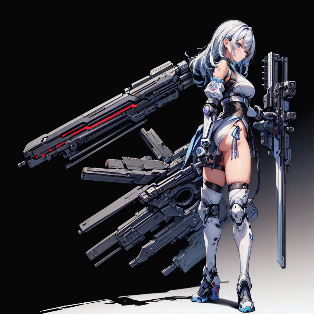 Iron lady, No background, White background, Full body shot, lower body is a robot, bikini top, sword, Seductive smile, silver and black, white hair