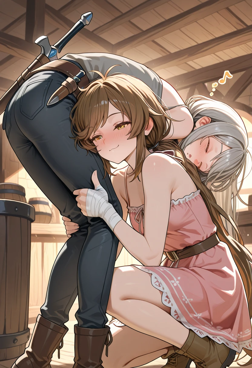 1girl, io \(granblue fantasy\), small breast, shackles, chocker, brown sundress,kiss marks all over barefoot, foot focus,sad, dungeon, darkness, night, close-up score_9, score_8_up, score_7_up, score_6_up, score_5_up, score_4_up, BREAK source_anime, masterpiece