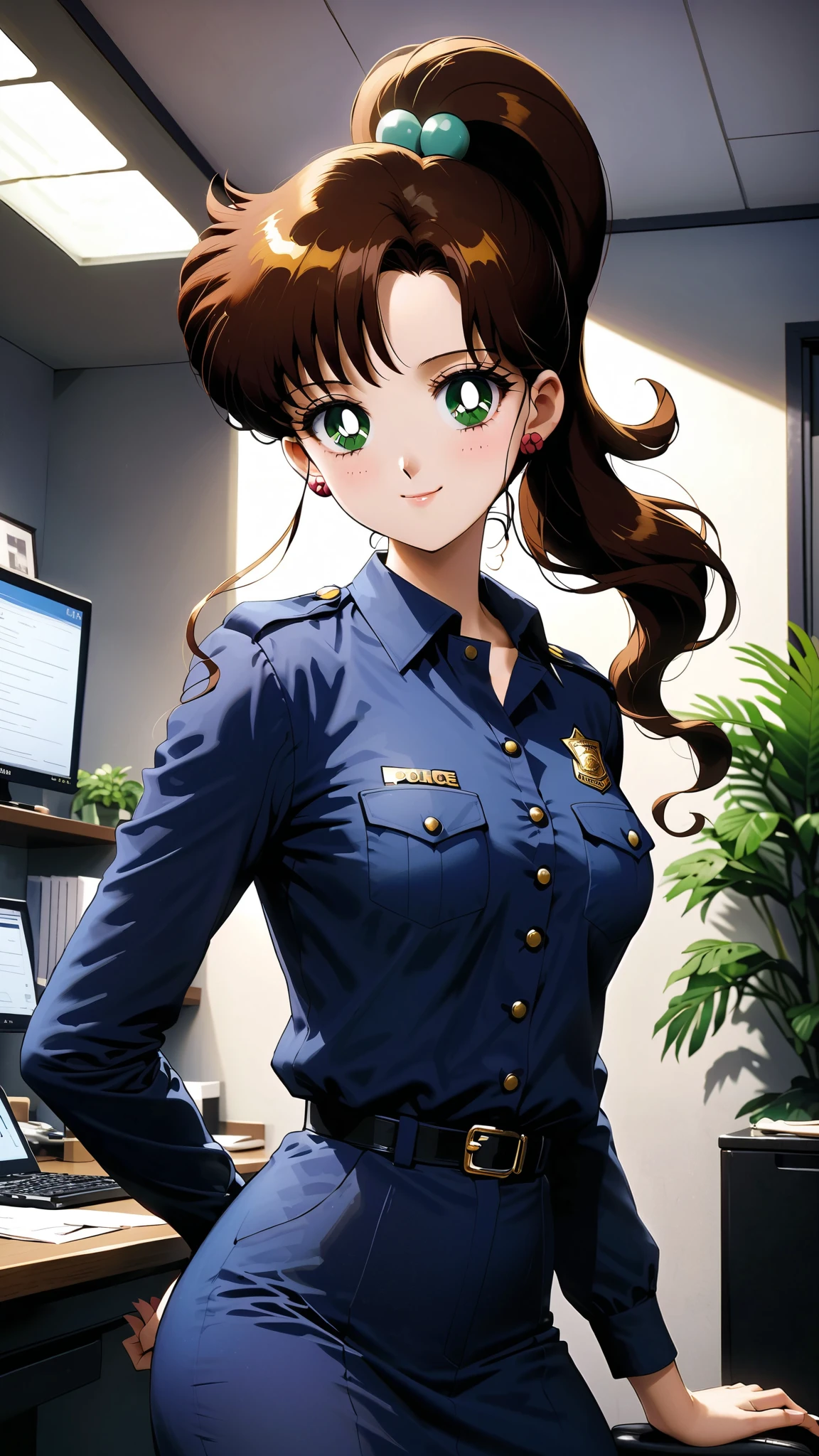 masterpiece, best quality, very aesthetic, ultra detailed), intricate details, solo, aajupiter, brown hair, ponytail, hair bobbles, red earrings, green eyes, police uniform, office, Enchanting Eyes, focus drawn to eyes, highly detailed eyes, posing, cowboy shot, smile