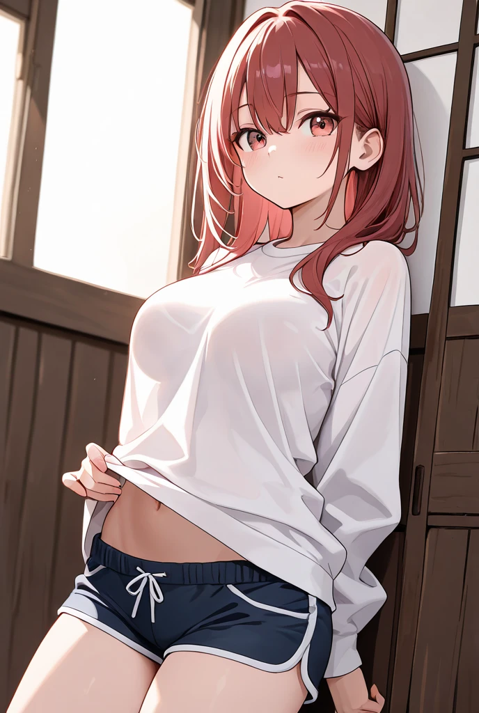 1girl, makima, chainsaw man, red hair, (smirk:0.7), looking at viewer, front view, (wet), white t-shirt, knotted t-shirt, midriff, jeans, masterpiece, best quality, very aesthetic, absurdres