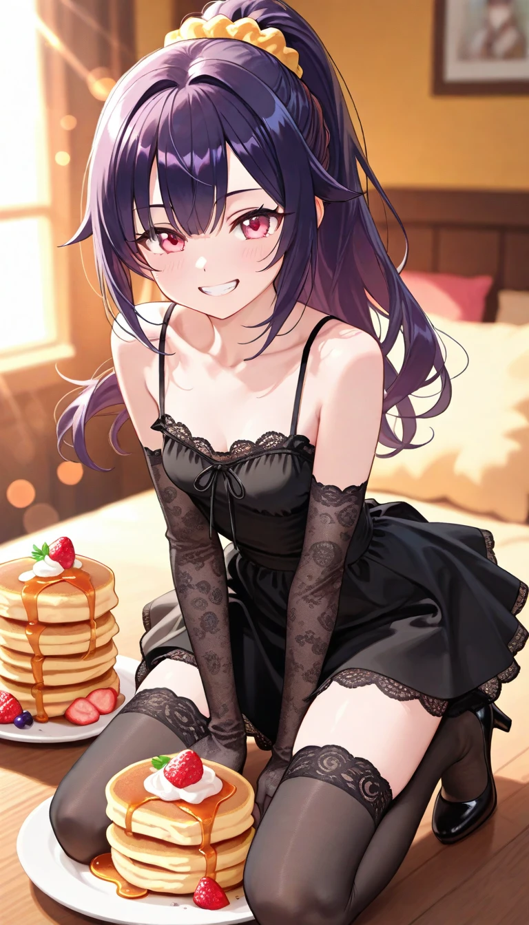 1 girl, small nose, very beautiful detailed face and eyes, bright colors, cute face, delicate beautiful face, Bright magenta eyes, cute eyes, sparkling eyes, Big eyes, (small breasts:1.3), (perky chest:1.1), (pointed chest:1.0), (cake magazine cover:1.1),highest quality, WorKs of masters, High resolution,BlacK color hair,shiny hair, side ponytail,hair between eyes,bangs, (black jacket, real clothes, cleavage, black skirts, black thighhighs, thigh strap, fingerless gloves, single glove:1.2) , spread legs, panties shot, medium hips, glamorous body, white skin, smile, thin pubric hair, super beautiful face, Super beautiful eyes, Super beautiful hair,trendy outfit,sexy and attractive,full body esbian, Real World, Natural light,perfect Natural light,(with sparkling eyes and a contagious smile), This masterpiece is not only visually stunning but also tells, make of cake cooking , in the kitchen, open mouth, looking at viewer,