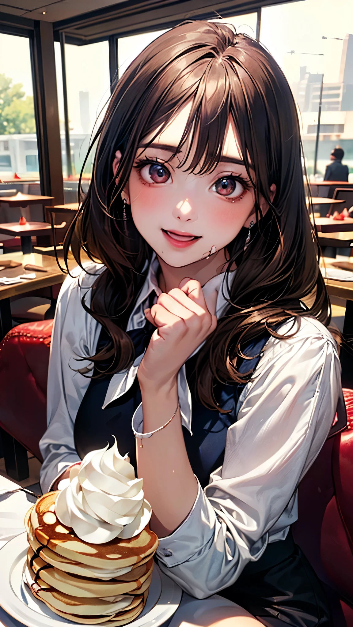 Anime girl with long hair sitting at a table with a plate of pancakes ...