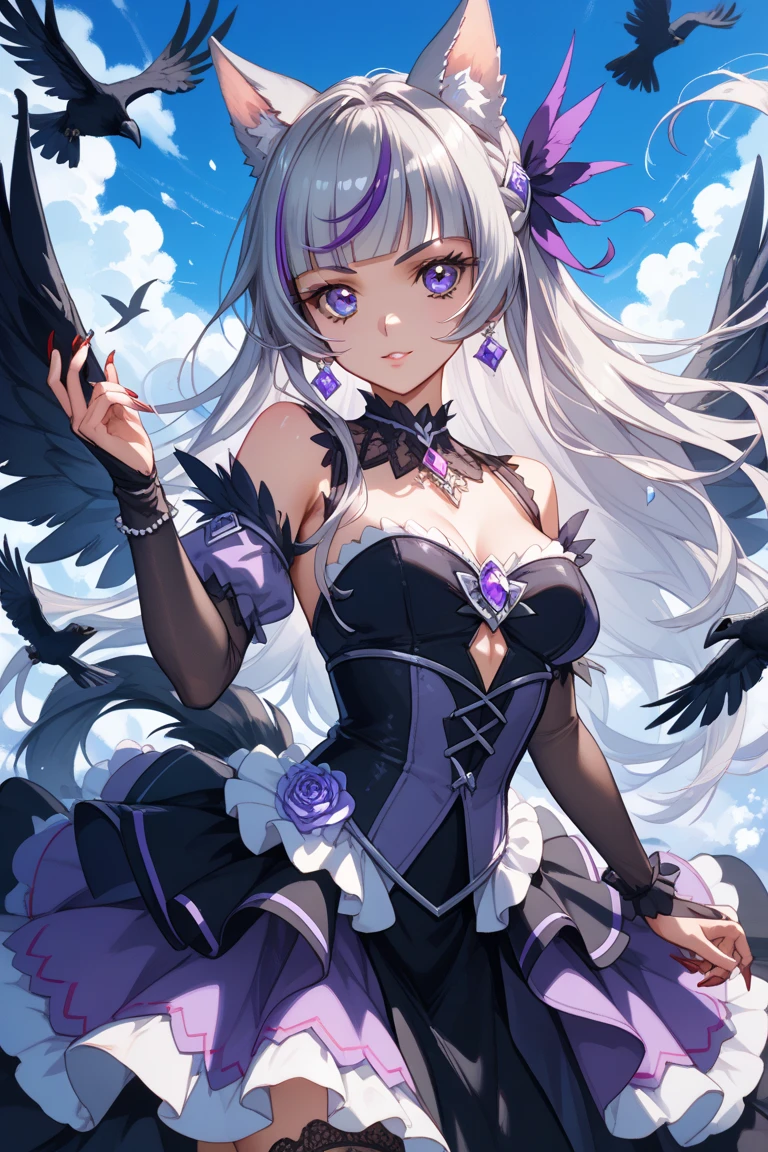 cute purple magical girl，Fluffy long hair，pale purple hair，Purple heart ribbon on the chest，purple heart shaped stick，kirakira，Flying in the sky，(Fluffy skirt:1.2)，Fluffy pannierany purple petals，A smile