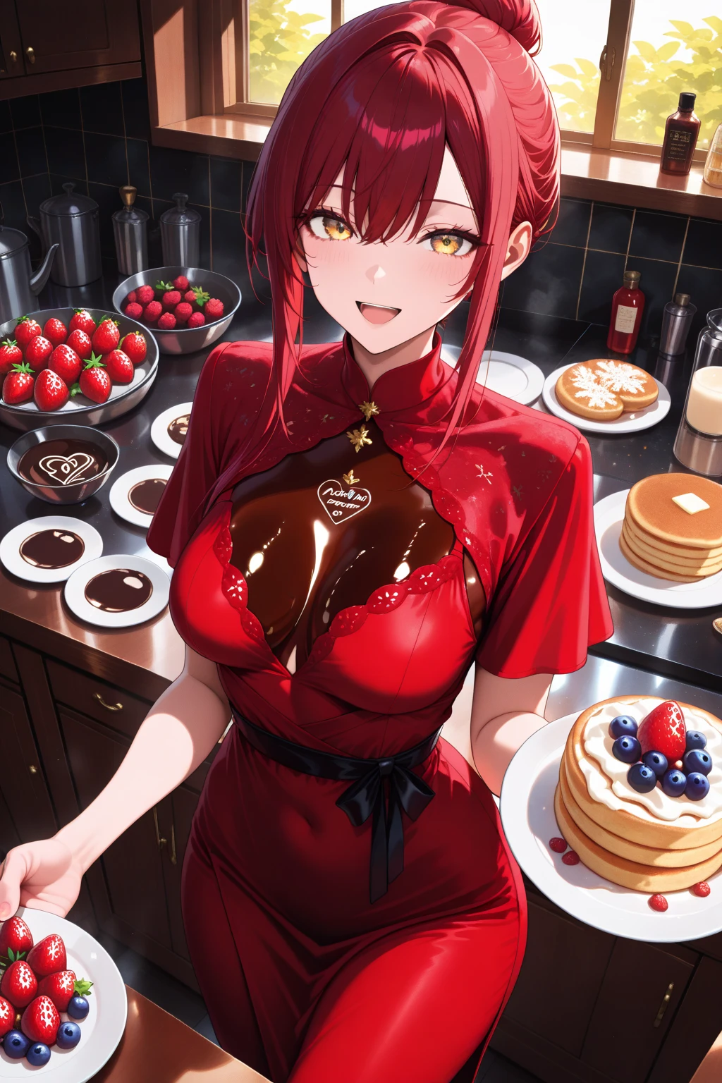 Beautiful picture), (Masterpiece), ((((Solo)))), ((big breasts)), (curvy), (sexually suggestive), (wearing latex bunny suit), perfect hands, sexy legs, (pouting), (bored), (holding a tray of food), (stockings), (demon horns), at a restaurant, (tight clothes),