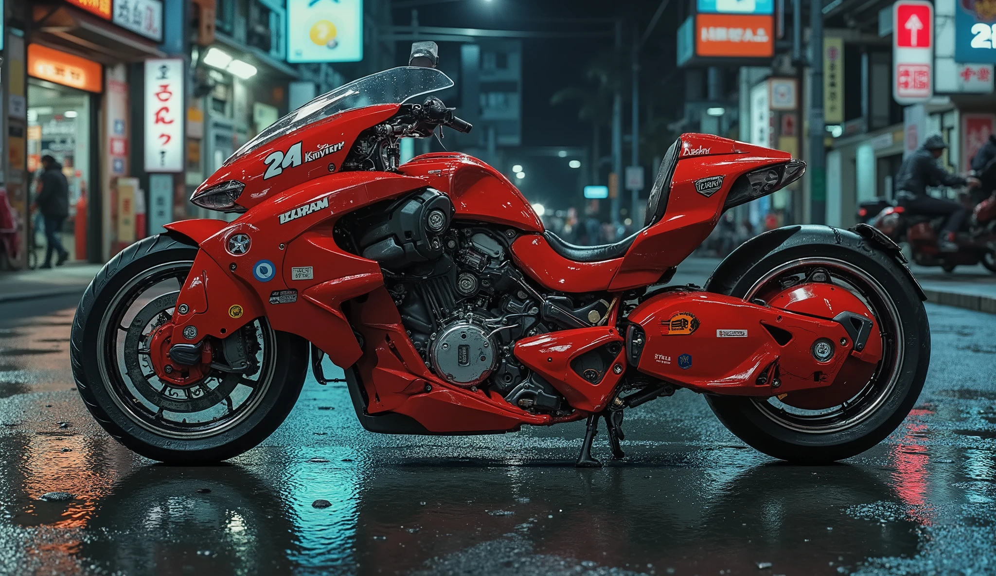 8,000 ,  masterpiece ，Highest Quality, Panoramic aerial view，akira bike，midnight， High Tech，Cyberpunk's street，Wet，