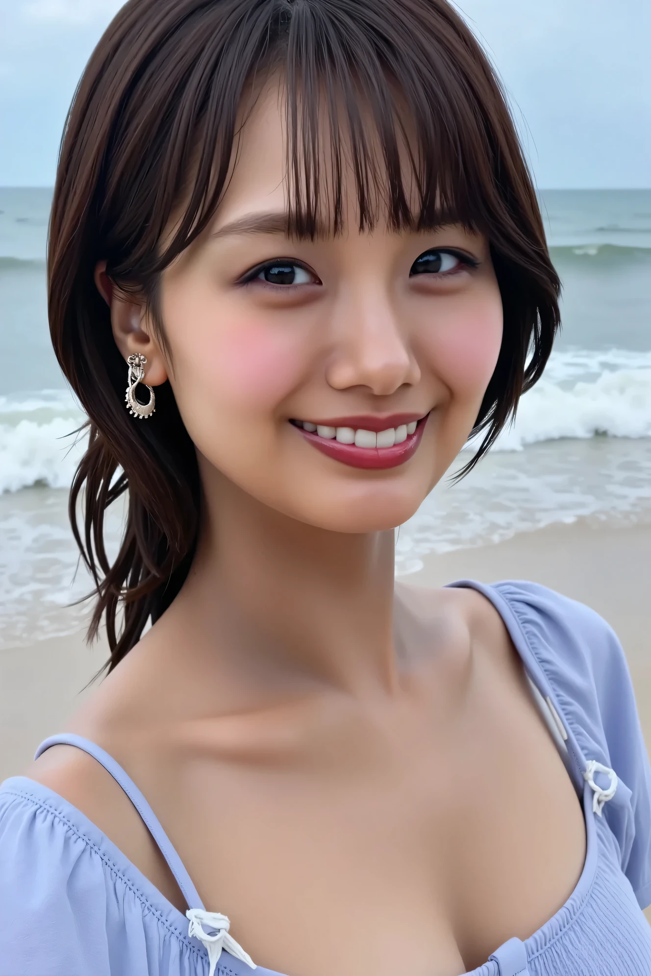 ((( High Resolution , top quality, very well detailed, masterpiece ,  highly detailed photos , realistic , Real people , Ultra precise skin ))) ,    , (   from the front  ) , full body ,  Advance Shot ,  Viewer , ( giggle face ) , { wearing the diving suits that is half-way undressed : 1.8 } , black hair ,   medium hair , medium breasts , focus on the face , chest and hip  , (( tuck hair behind the ear : 1.8))  , { nsfw }   ,  Around the sea  ,  water drop  ,  the hair and body is wet