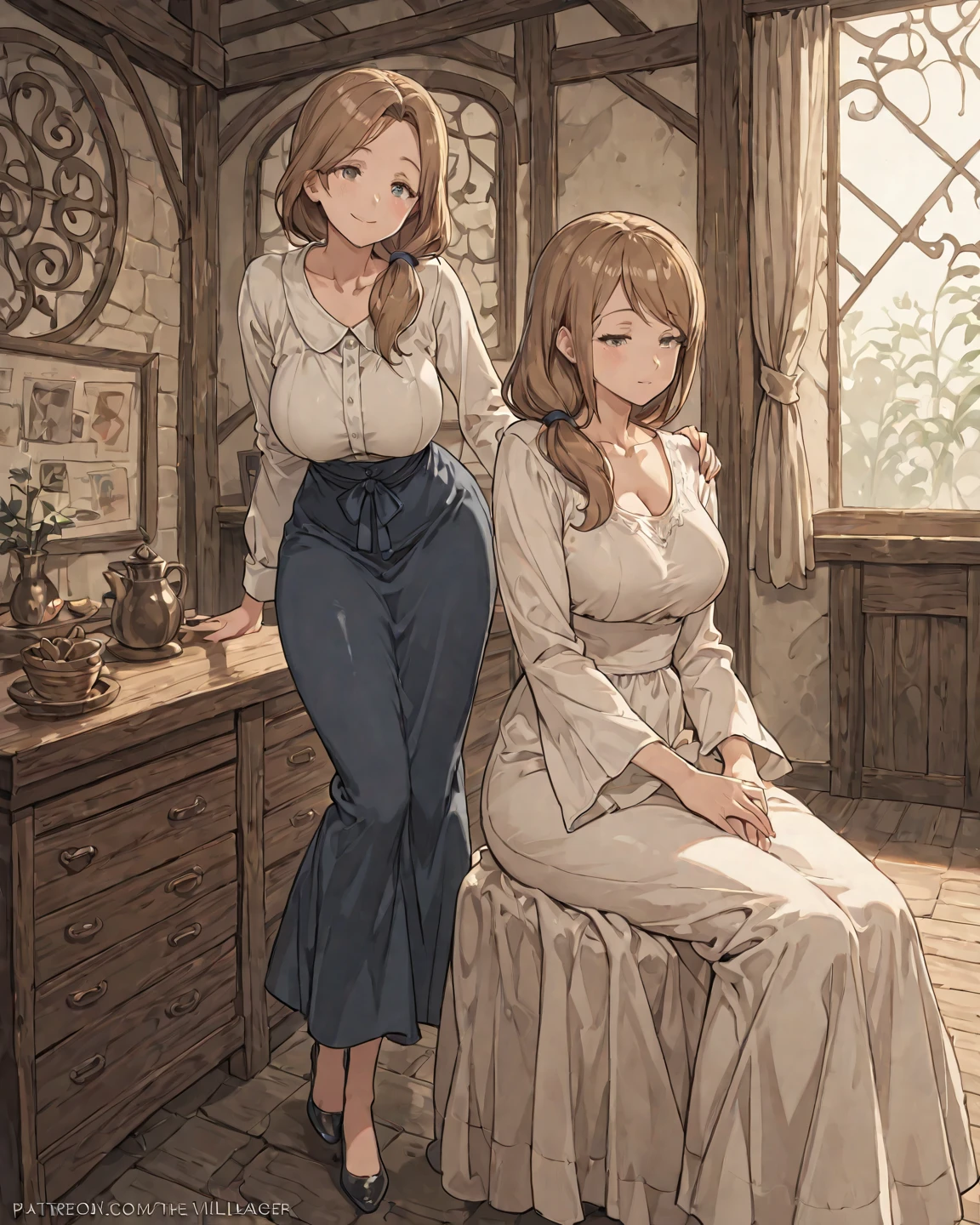 (((A woman))), (natural redhead), honey yellow eyes, by the wide, small braids, bright smile, detailed eyes, chest a little big, detailed body, beautiful body, detailed clothing, black jumpsuit skirt, a white blouse, head on, hands back leaning forward, flirtatious look, standing at the entrance of a house with the door open, Whole body.