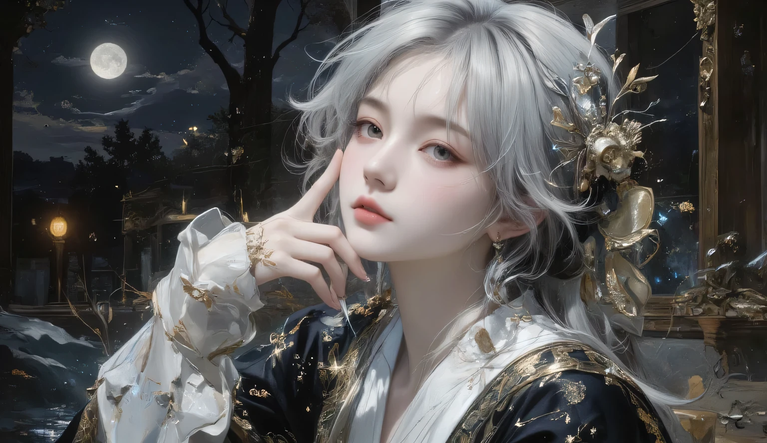 Get ready to immerse yourself in the enchanting world of Renaissance Slavic portraits , visible brushstrokes 、Bringing life to an impressive depiction of a young woman with silver hair and a constellation-patterned robe 。. while watching the surroundings under the moonlight , play of shadows and light 、It creates enchanting light and dark effects reminiscent of Impressionist masters like Van Gogh 。, Arik Brauer, Georges Mathieu , infused with Arkan Nair's whimsical surrealism . combines traditional oil painting techniques with cutting-edge digital airbrushing technology , this semi-abstract work goes beyond conventional categories , } Combines figurative art with exquisitely detailed abstract art . collaged components add depth and appeal , Delicate tonal changes weave a tapestry with intricate patterns and rare beautiful details。. Each square inch is full of vibrant colors and stunning highlights , that make a spiritual impression on the mind . illuminated with impressionistic lighting effects , these sparkling touches are 、 elevates the work to new heights of visual excellence 。. Extraordinary subtlety Witness the creation of timeless masterpieces put in , made to stimulate admiration and curiosity 、 presented in gorgeous high resolution . . realistic, Perspective, Light and Shadow , religious or mythological themes , very detailed, Sketch Art Style , gray kale , monochrome,An illustration of the head to the area around the waist in a frame,A realistic young woman's hand (aged 18-25) with exactly five fingers, anatomically correct, with delicate and slender fingers, smooth skin texture, and soft lighting. The hand is well-proportioned, feminine, and naturally posed, either holding an object or resting. The fingers are properly aligned without merging or unnatural overlaps. The nails are well-groomed and natural-looking, with a slightly pinkish hue. The skin tone is fair and warm, with subtle shading to emphasize realism