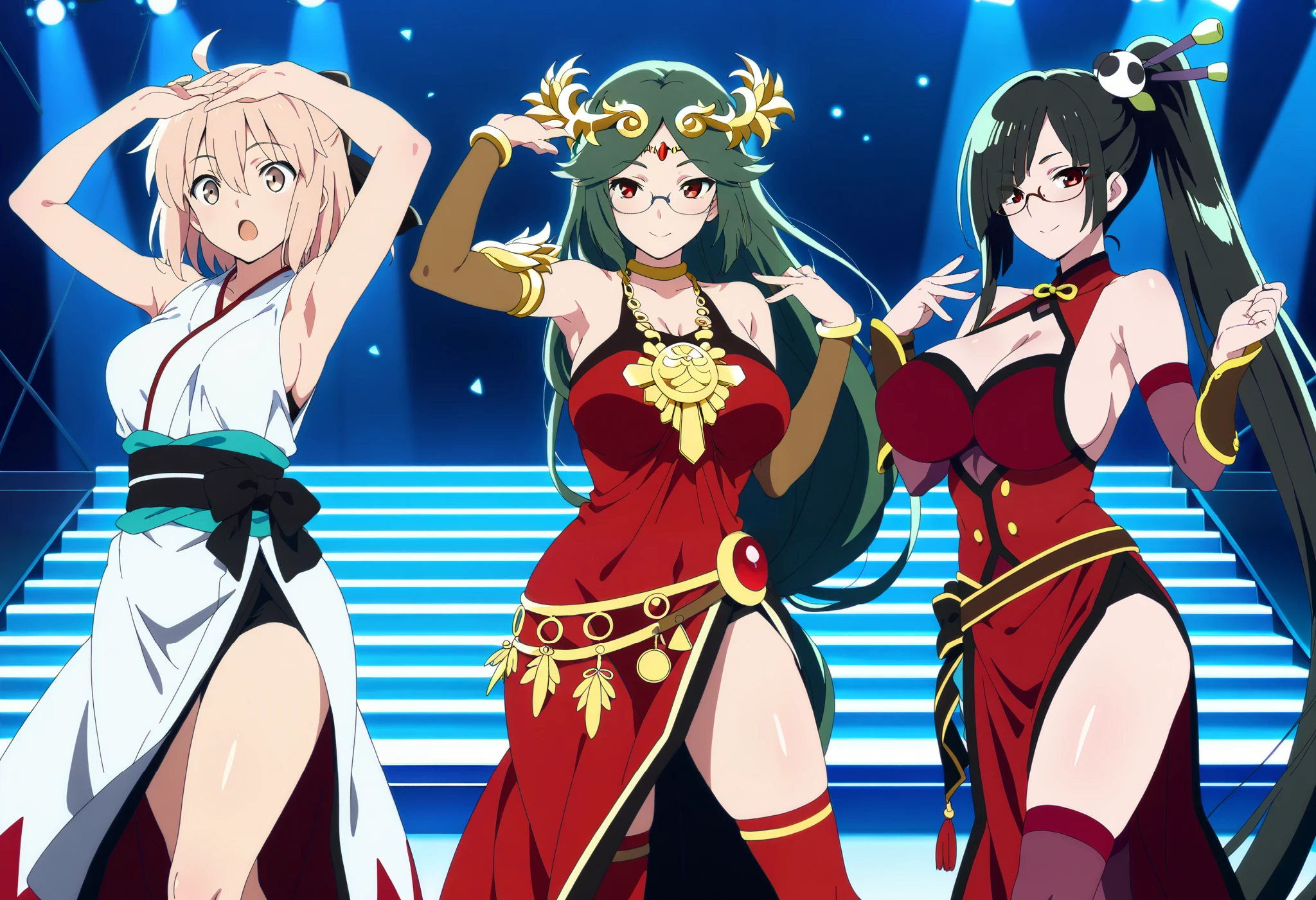 score_9, score_8_ up, score_7_ up, source_anime, (anime coloring, anime screencap:1.2), flat color, shiny skin , masterpiece, best quality, anatomically corrected, perfect body,face, (3girls),((Okita Souji :1.3)),((palutena:1.3)),((litchi faye ling,glasses:1.2)), sister,sideboob,idol clothes,long kneehighs,thighhighs,skindantation,socks,curvy,large breast,huge breasts,stage,dance,live,