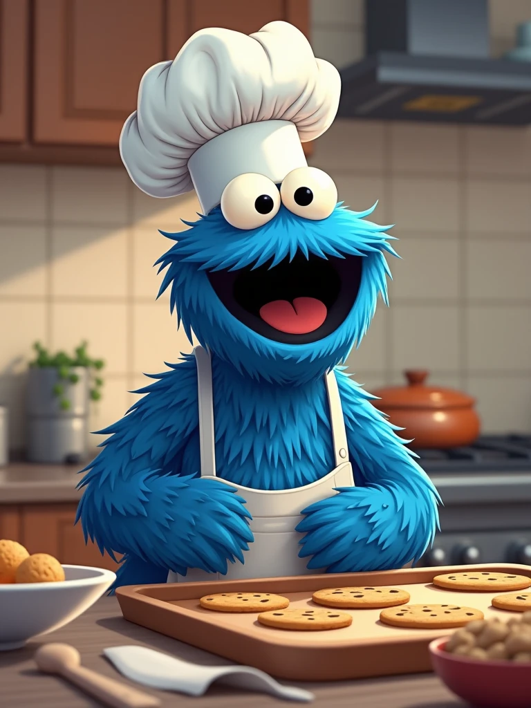 GIVE ME IMAGES OF THE COOKIE EATER FROM ELMO&#39;S WORLD, THAT BLUE CHARACTER WITH A WHITE BACKGROUND WHO IS STANDING EATING COOKIES WITH A CHEF&#39;S HAT