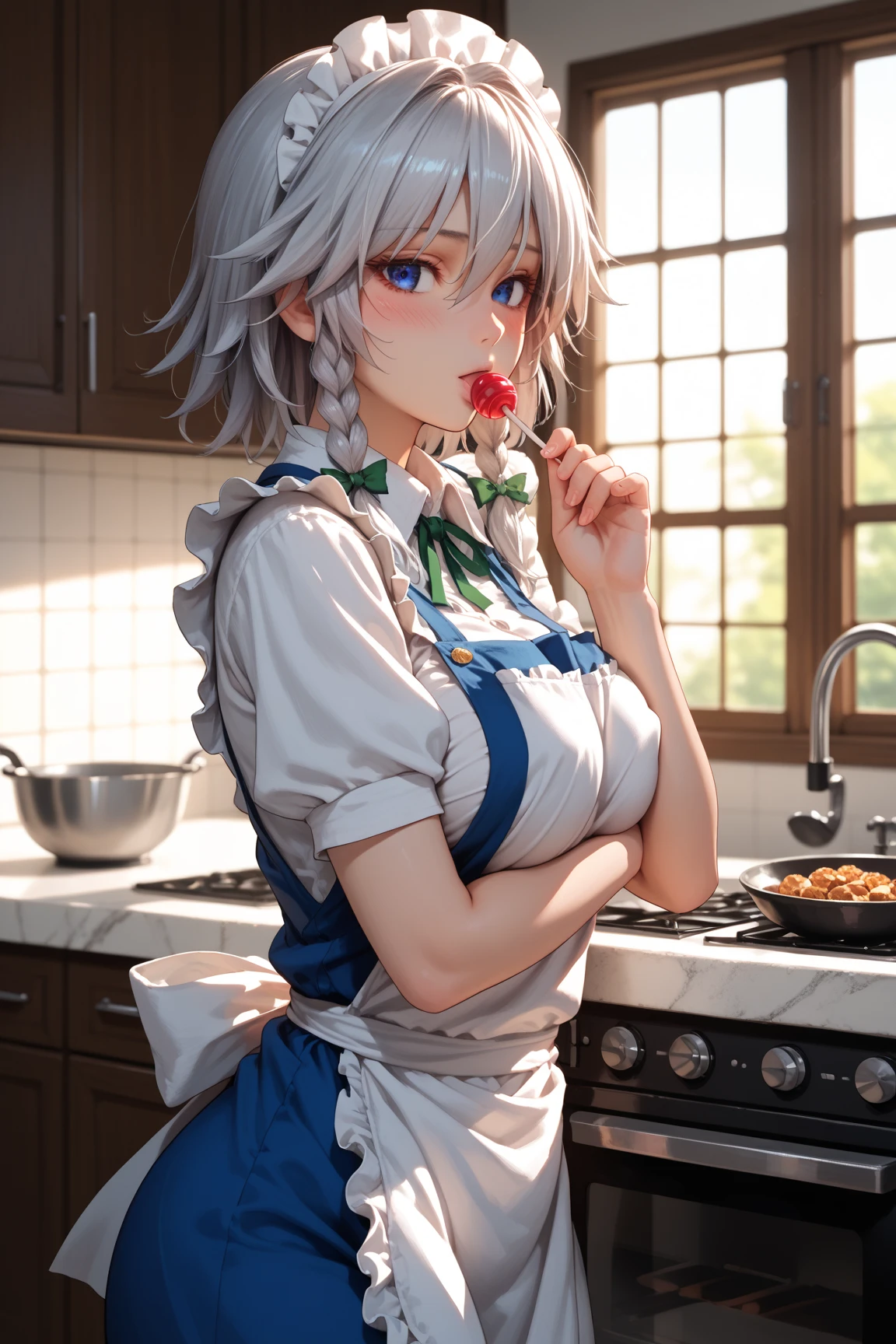 <lora:AliceNakiri:0.6>, shokugeki no souma, ,Alice Nakiri, high resolution, white hair, short hair, solo, 1woman, detailed background, detailed eyes, ((red eyes)),close to face, portrait, female focus, apron, kitchen