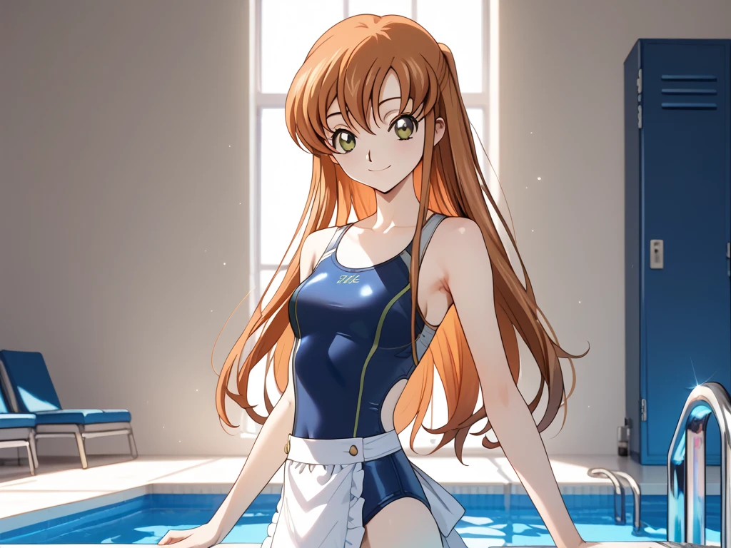 masterpiece, Best quality. Slender Girl. wears a blue swimsuit. also wearing a lab coat over the swimsuit. Long brown hair, Blue eyes. wears metal knee socks. smiling, Mouth open, happy face. Eyes wide open.