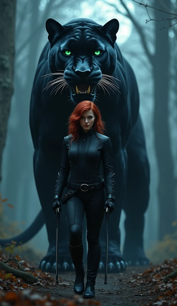 Black Widow and Shadow Panther: Black Widow stealthily moving through a darkened urban environment, accompanied by a sleek, shadowy panther that aids in her reconnaissance and combat.black widow riding a sit up shado panther 
