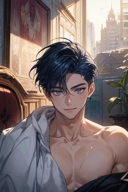 ((only one person)), A beautiful boy is sitting on a bed in a closed room，(((The whole picture is a mirror))), gay, masterpiece，highest  quality，High contrast, The upper body is naked, closeup cleavage, Correct anatomy, Interactive expressions, short detailed hair, slender body, erotic, shorts, White sox, foot fetish, (high quality watercolor:1.3), black hair, Plain room，Plain frame，Plain clothing