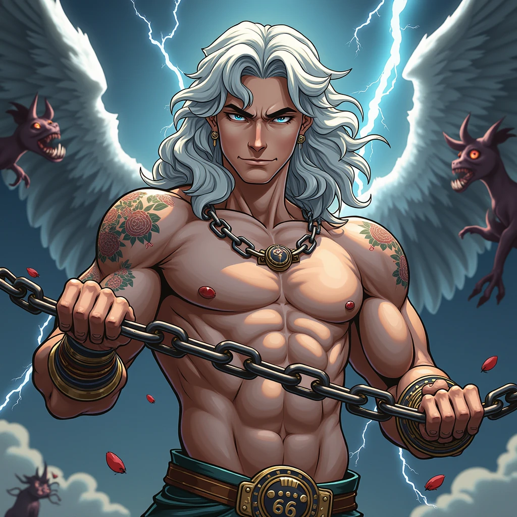 Mermaid with erect massive penis, angel wings, long braided pink hair and extreme muscular body.