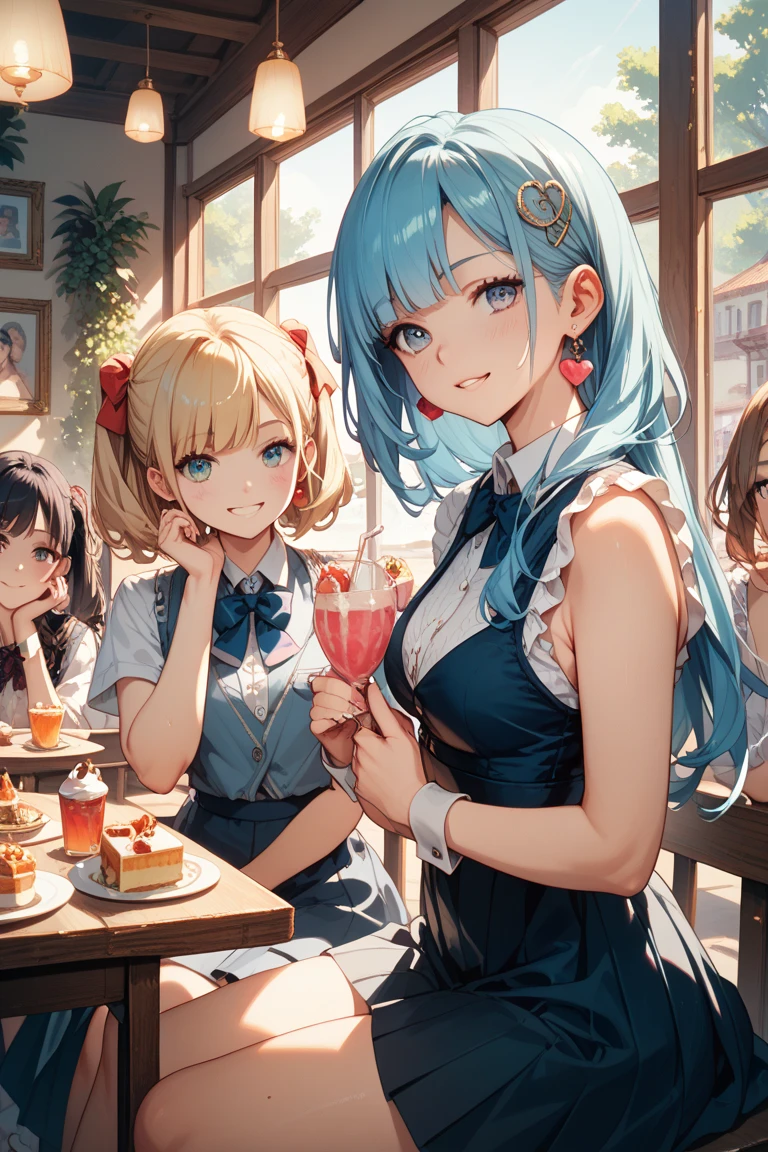 masterpiece, best quality), best resolution, (3heads:1.5), 1girl, blue hair, yellow hair, brown hair, teal eyes, different facial expressions, smiling, violet dress, armor, city background