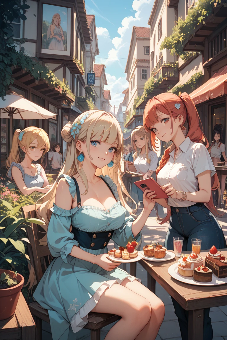 ((1 girls), solo, clevage, Big round breasts, trendy, stylish, clevage, thighs, hips, realistic, pink hair, blonde hair, light green eyes, lip gloss, detailed face, amazing big eyes, eye details, big lips, eyebrow details, blush, smirk, naughty, mischevious face, HD, good quality, thick thighs, attractive, breakfast, kitchen