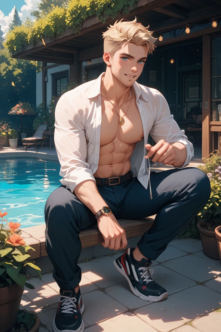 Photo of a handsome guy, in his early thirties, barefoot, embodying raw masculine beauty, ((Portrait)), ((Detailed face:1.2)), ((detailed facial features)), finely textured skin, and a chiseled jawline, exposed beneath the sun-kissed bareness of his chest, ({Bedroom environment}), Reclining on the wooden floor, ({warm color}), his gaze deep and contemplative, Soft afternoon sunlight filtering through the window, Reflectors, ({masutepiece}), ({perfectly proportions}), ({photos realistic}), ({Best Quality}), photographed with a Canon EOS R6, 35mm Lens