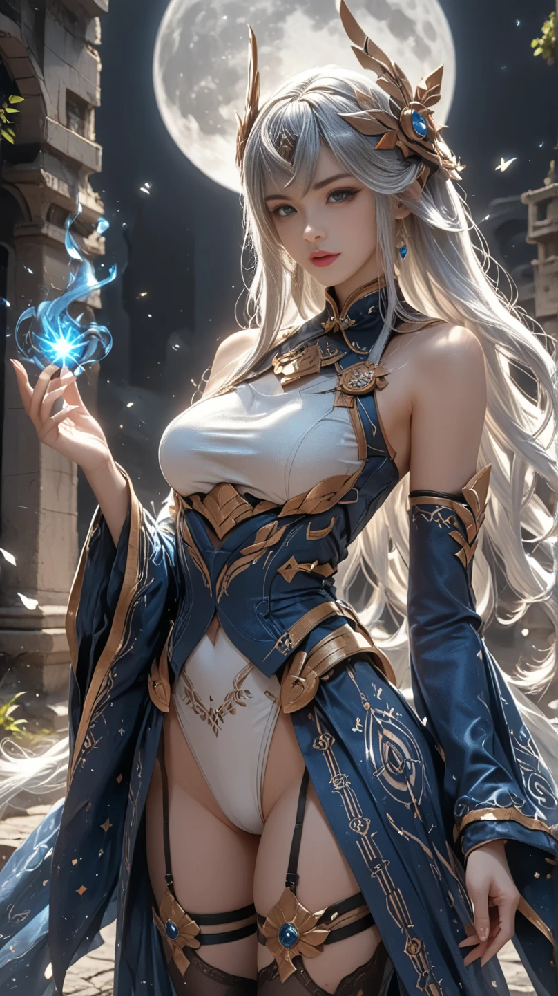 A tall and beautiful elf woman, light blue glowing eyes, cold expression, proud posture, chest up, lavender skin, purple facial tattoos, silver tied hair, exposed chest, exposed shoulders , showing her navel and thighs, looking up at the camera, in a medieval inn.