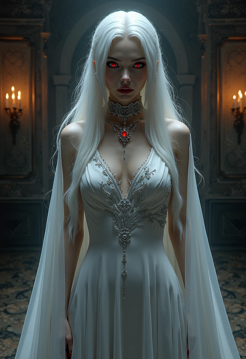 tall woman with long white hair, with a red eyes