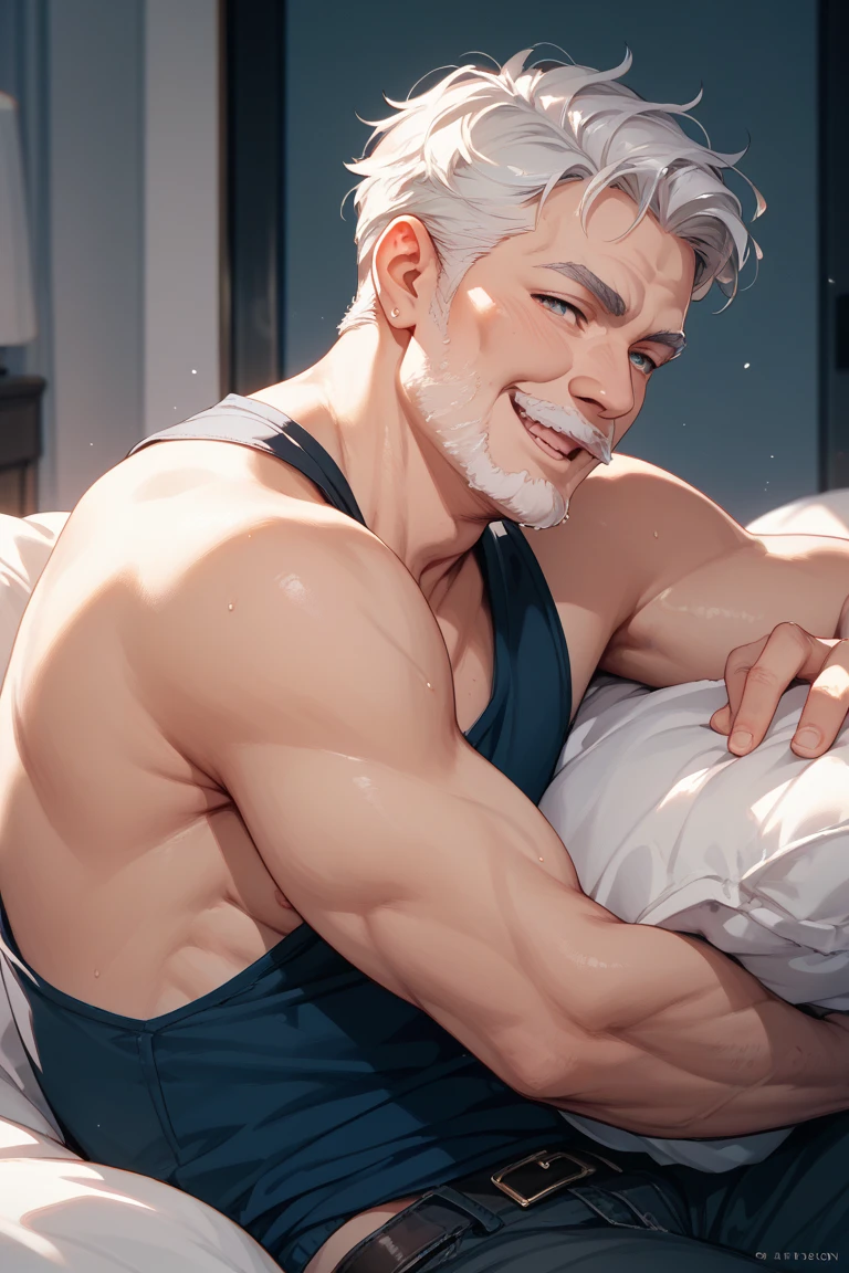 very, gray beard, gray mustache on the nose, DILF, seductive, looking at the viewer, SMILE, loose boxers with white and blue checks , White shirt, shirt with harness, (posing) masculine, Alone, Anthro, gordo, Large size, Thick, cell shading, in bed lying down, whole body, From above, con la mano izquierda agarrando un preservativo masculine, with right hand touching the package